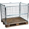 Stackable galvanised pallet cage with half-drop gate fitted to a wooden pallet