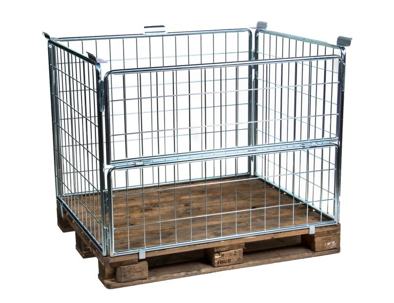 Stackable galvanised pallet cage with half-drop gate fitted to a wooden pallet