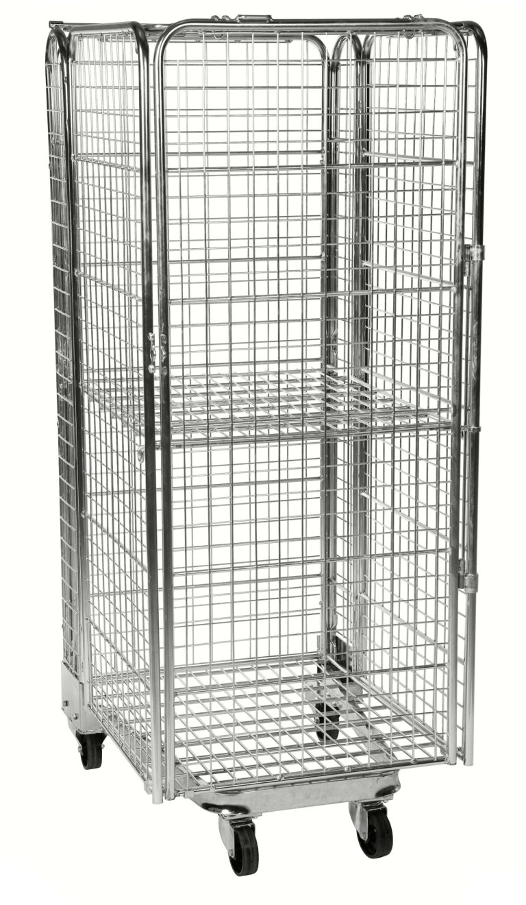 Stackningsbar säkerhetscontainer med dörr, tak och hyllplan