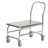 Stainless steel platform trolley with raised deck, push handle and four swivel castors