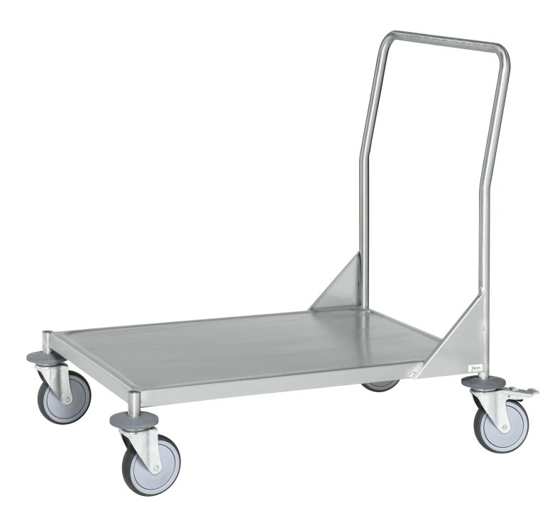 C3 stainless steel platform trolley with low loading deck and four swivel castors