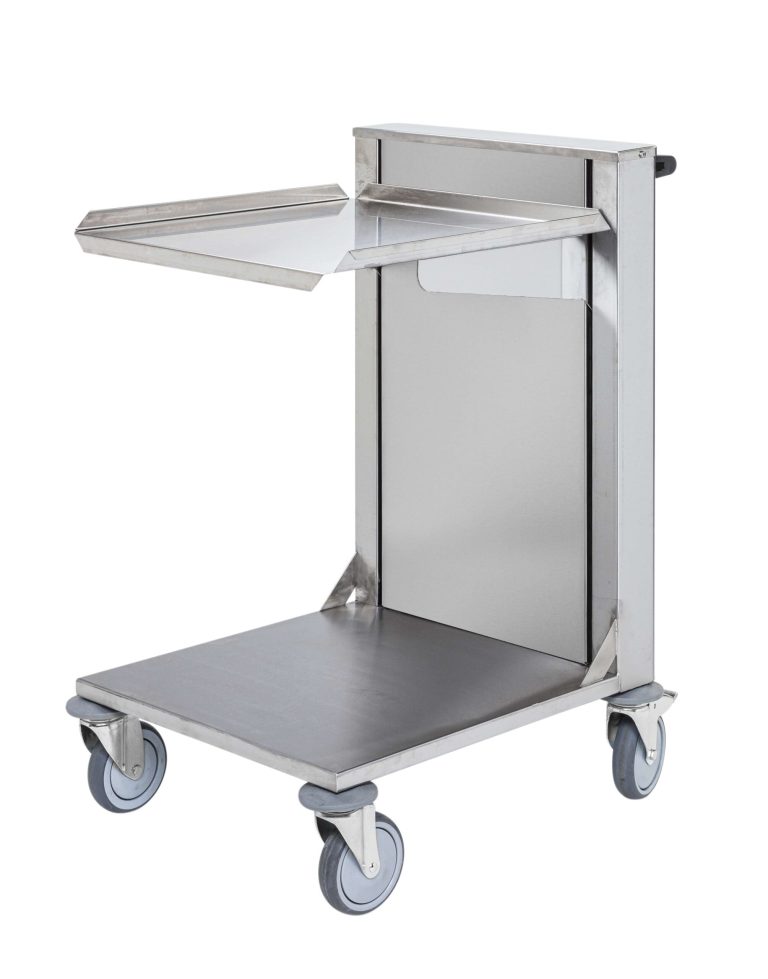 Stainless steel self-levelling crate trolley with spring-loaded upper shelf and swivel castors