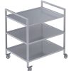 Stainless steel serving trolley with three shelves and swivel castors