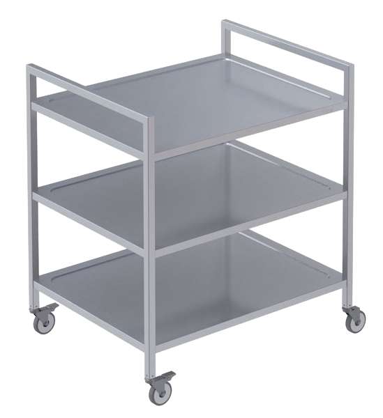 Stainless steel serving trolley with three shelves and swivel castors