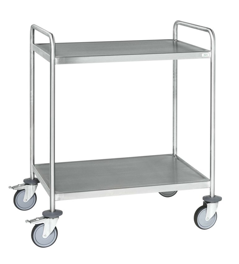 Stainless steel shelf trolley with two or three shelves and braked swivel castors