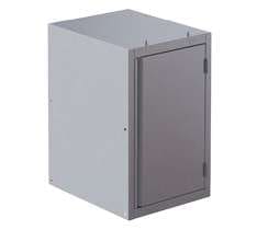 Stainless steel under-bench cabinet module with hinged door for a workbench