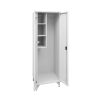 Open grey steel cleaning cupboard on legs with shelves and full-height tool compartment