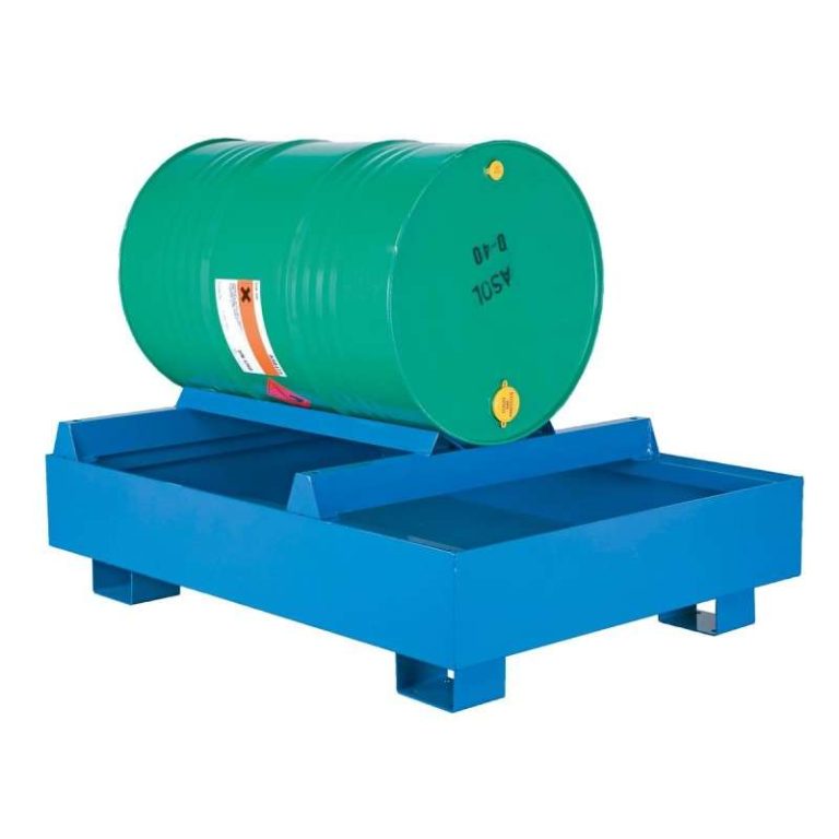Steel drum spill pallet for horizontal 200‑litre drum with fork pockets