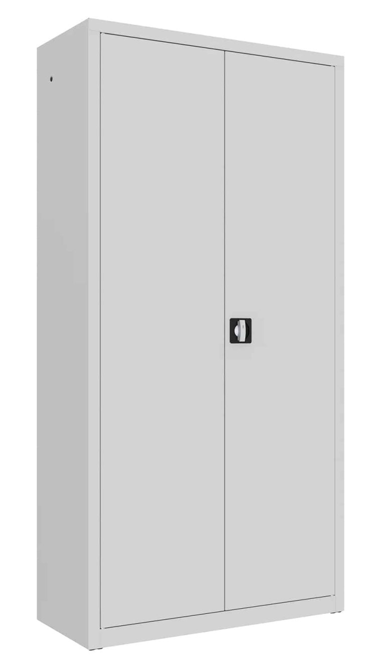 Handy steel filing cupboard in grey with lockable double doors and rotating handle lock
