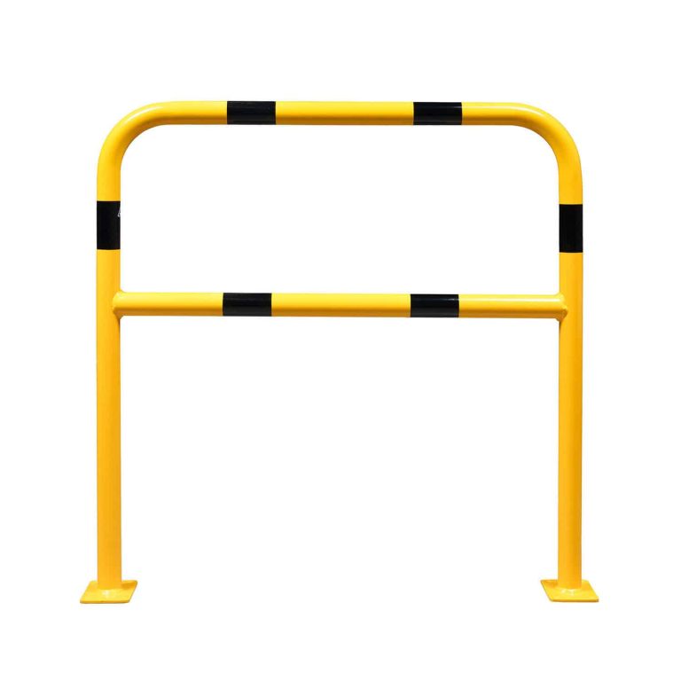 Yellow steel hoop safety barrier with mid rail (knee rail), 1000 mm high, for forklift impact protection