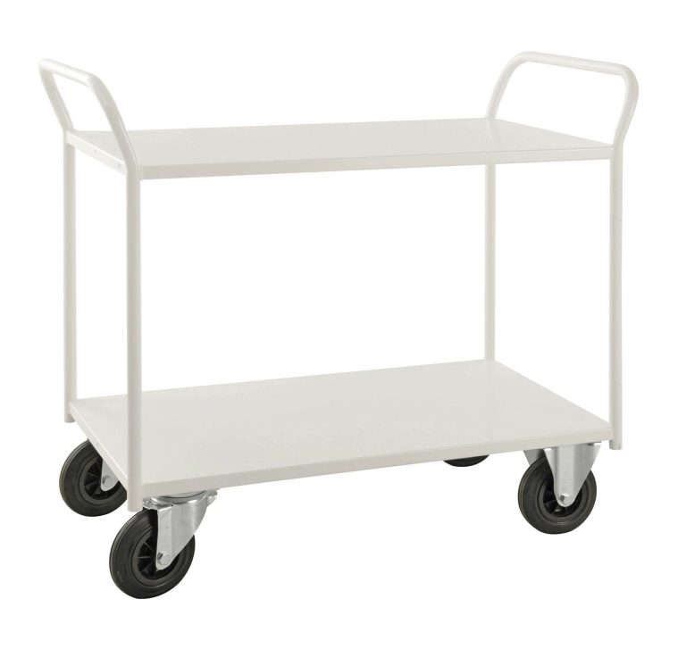 Steel shelf trolley with two sheet-steel shelves and solid rubber wheels