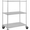 Steel shelf trolley with reversible sheet steel shelves and braked swivel castors