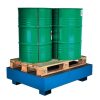 Blue steel spill pallet with galvanised grating holding two drums on a wooden pallet (bunded drum pallet)