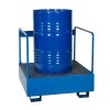 Steel spill pallet with safety rails and galvanised grating for drum storage