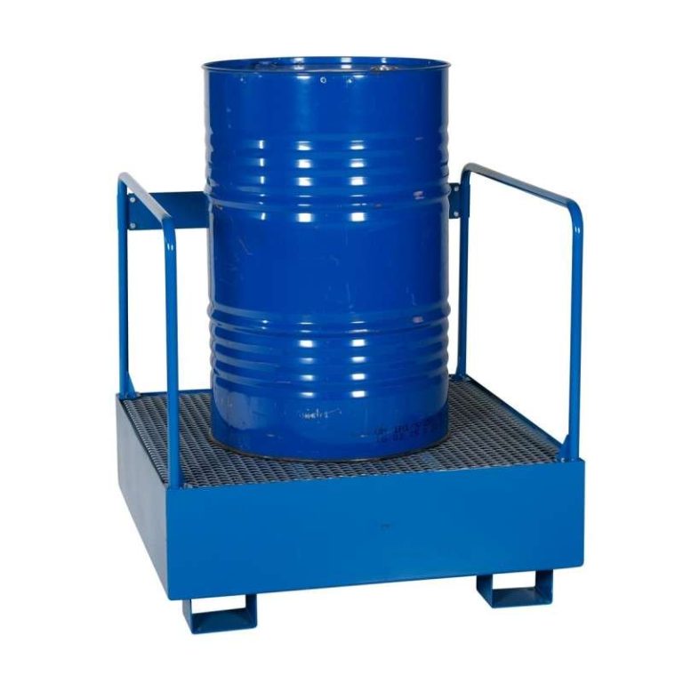 Steel spill pallet with safety rails and galvanised grating for drum storage