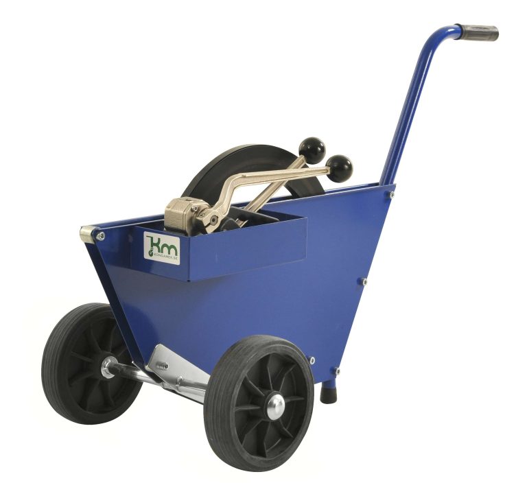 Blue steel strapping dispenser trolley with a tool compartment, long handle and two rubber wheels