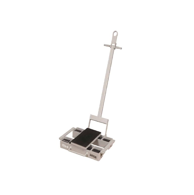 Steerable machinery skate with long drawbar and rotating load platform