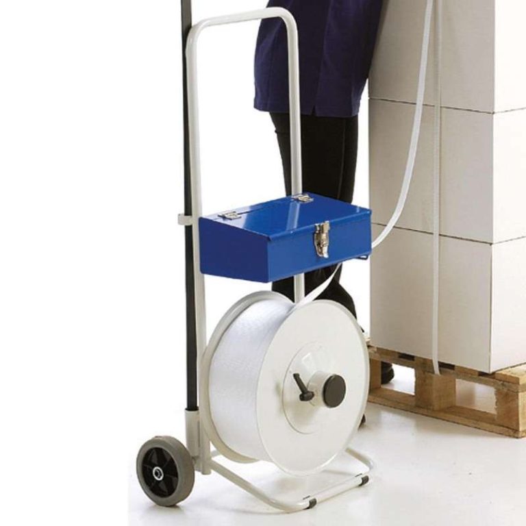 Strapping dispenser trolley with accessory box for Ecostrap textile strapping roll (13–25 mm)