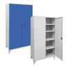 Tall metal filing cupboard with legs, blue doors and adjustable shelves