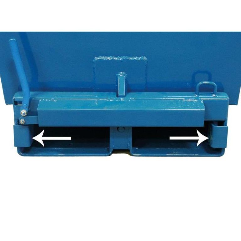 Factory‑fitted fork‑activated release on HD forklift tipping skip, blue RAL 5019 with safety chain