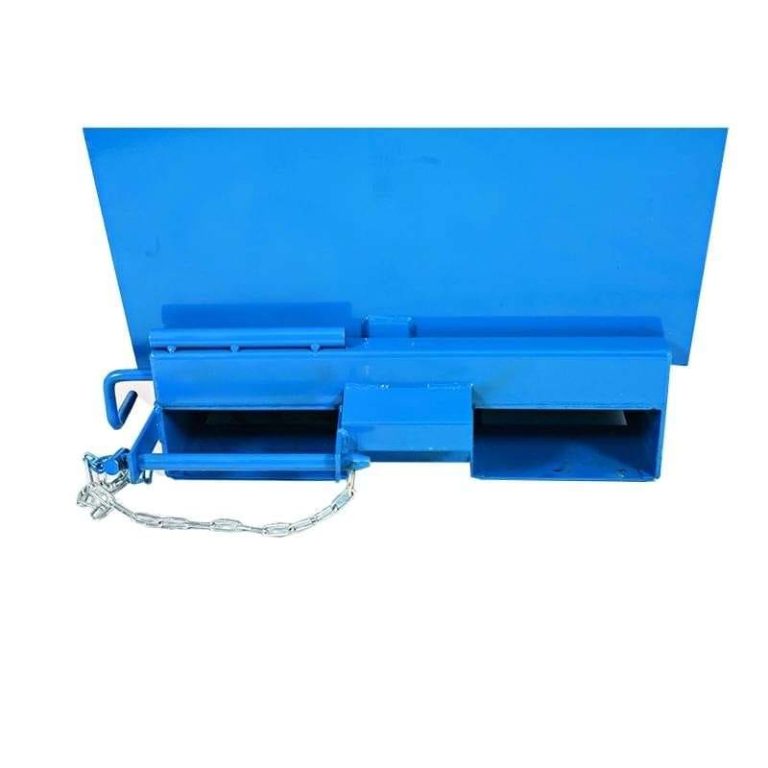 Fork lock secures the skip to forklift tines for safer transport and tipping.