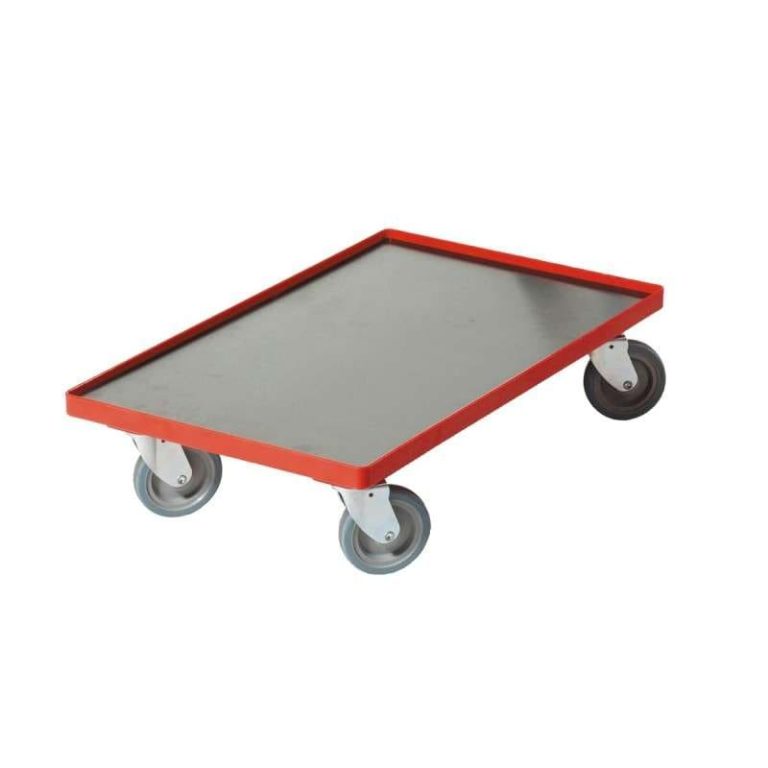 Tralla med plywoodskiva för 600 × 400 mm plastbackar, maxbelastning 200 kg