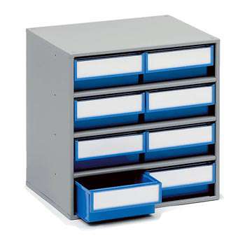 Treston 0830 small parts storage cabinet with 8 blue shelf bins