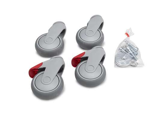 Treston 100 mm castor set with four grey swivel castors, two red brake pedals and fixing hardware