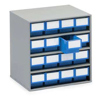 Treston 1630 storage bin cabinet with 16 blue shelf bins, 400 x 300 x 395 mm