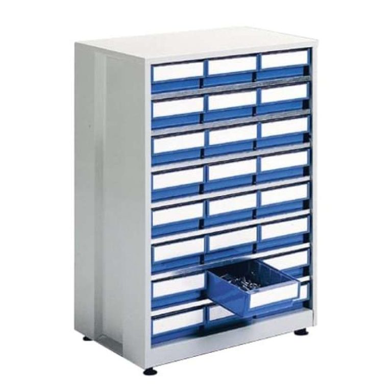 Treston 2440 high-density storage bin cabinet with 24 blue shelf bins for small parts storage