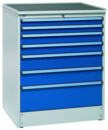 Industrial drawer unit with seven blue lockable drawers for workshop storage