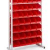 Treston BR-2530 stacking bin rack with red 1930 bins for small parts storage