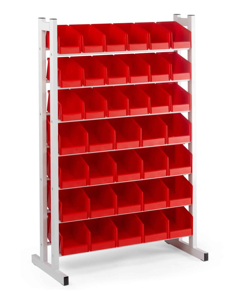 Treston BR-2530 stacking bin rack with red 1930 bins for small parts storage