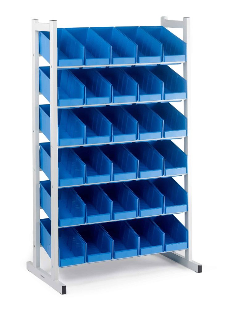 Treston BR-4050 storage bin rack with 30 blue stacking bins for small parts storage