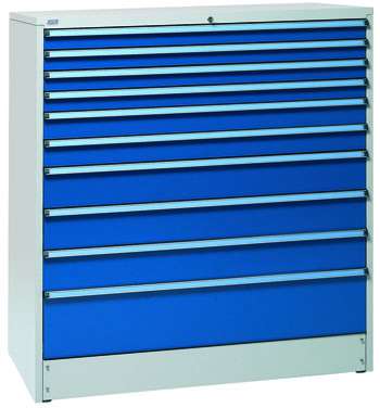 Treston Drawer Unit 130/140-4 steel industrial drawer cabinet with blue drawers.