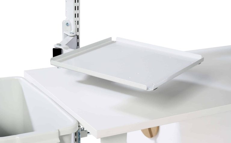 Treston ESD laptop/printer shelf with articulating arm mounted on an industrial workbench