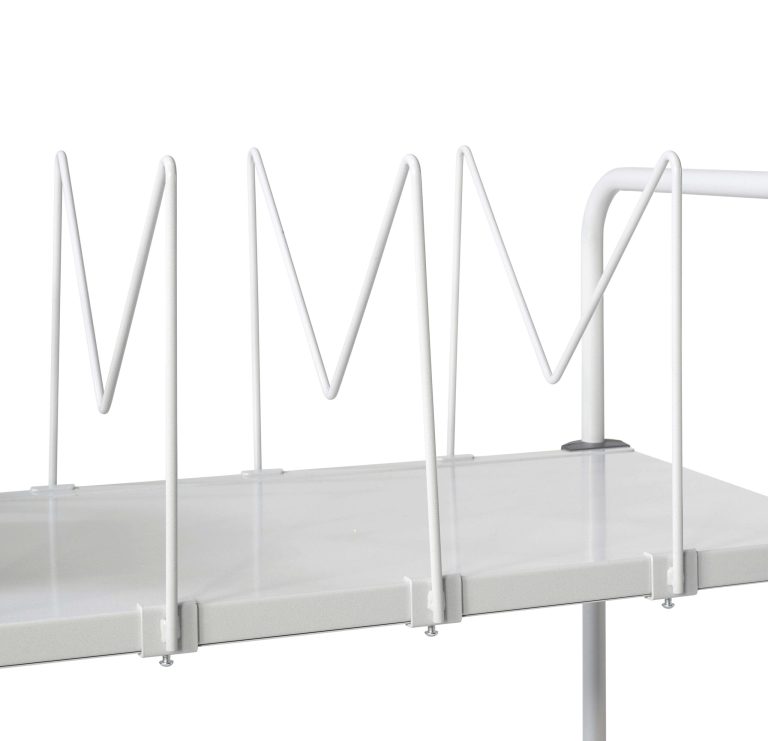 Treston LDH low M-shaped shelf dividers clamped to a grey steel shelf
