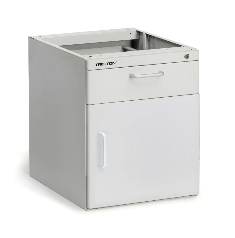 Light grey Treston LMC04D workbench drawer unit with one drawer and a cupboard door