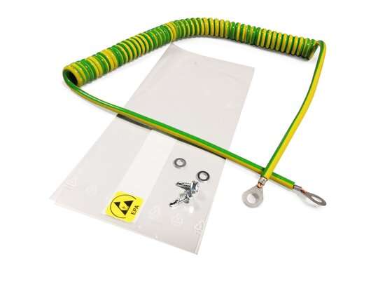 Treston Quick Edge ESD grounding kit with green and yellow coiled cable, ring terminals, fixings and EPA sticker