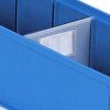 Crystal clear Treston shelf bin divider inside a blue shelf bin for small parts storage