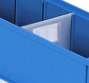 Crystal clear Treston shelf bin divider inside a blue shelf bin for small parts storage