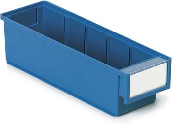 Treston blue plastic shelf bin for small parts storage with front label holder