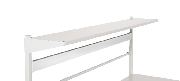Light grey Treston SS180 upper steel shelf shown on workbench uprights