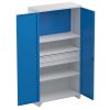 Treston tool cabinet with blue doors, three shelves, two drawers and perforated panel