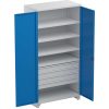 Treston tool storage cabinet with blue doors, four adjustable shelves and four drawers