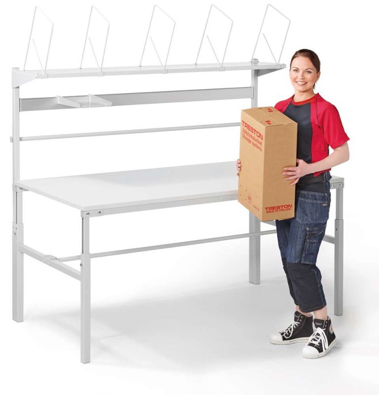 Treston TPB packing bench with height-adjustable frame, upper shelf and paper roll holders