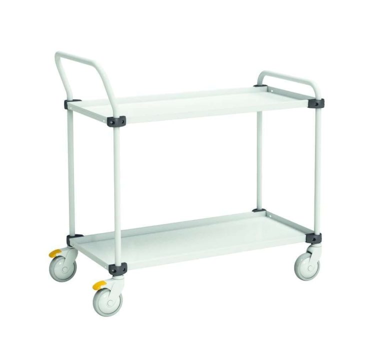 Treston TRTA 2-shelf trolley with light grey adjustable shelves and 125 mm swivel castors.