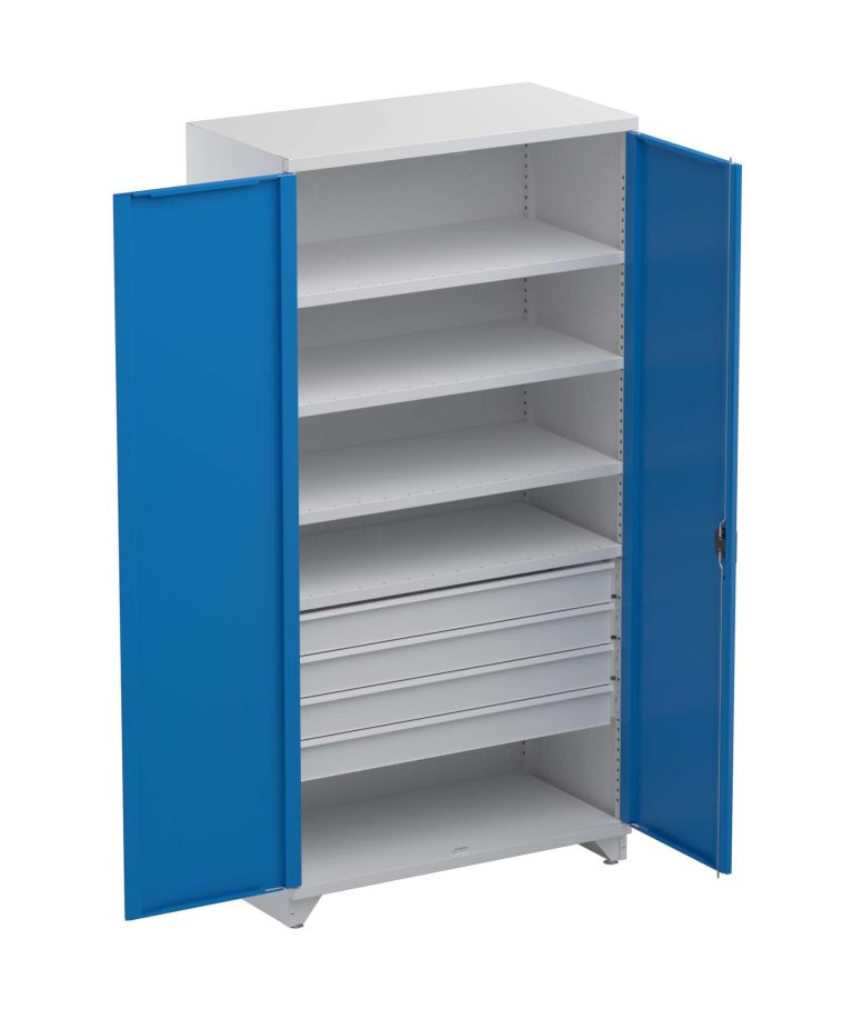 Treston verktygsskåp kombination 3 med 4 hyllor och 4 lådor, blå dörrar