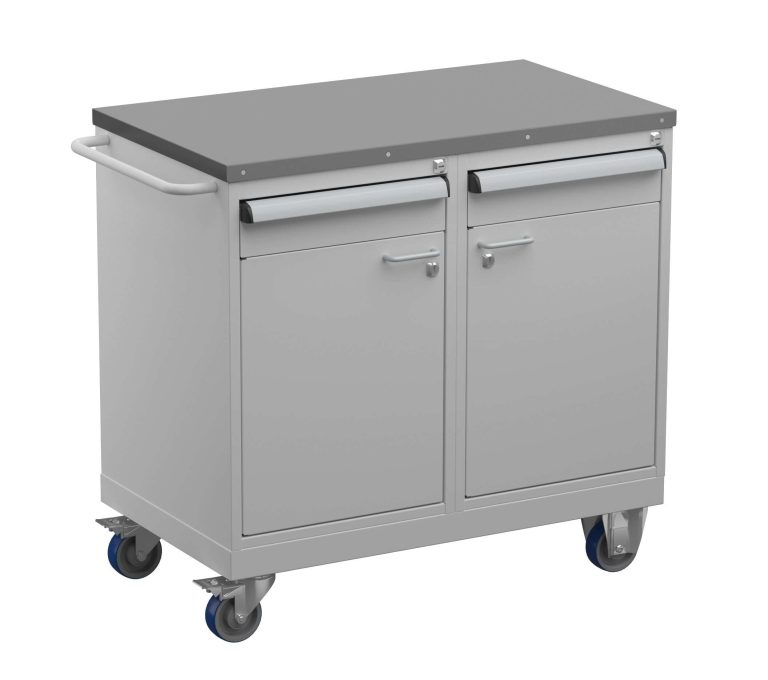 Treston verktygsvagn 2 med stålskiva, två lådor och två skåp på hjul