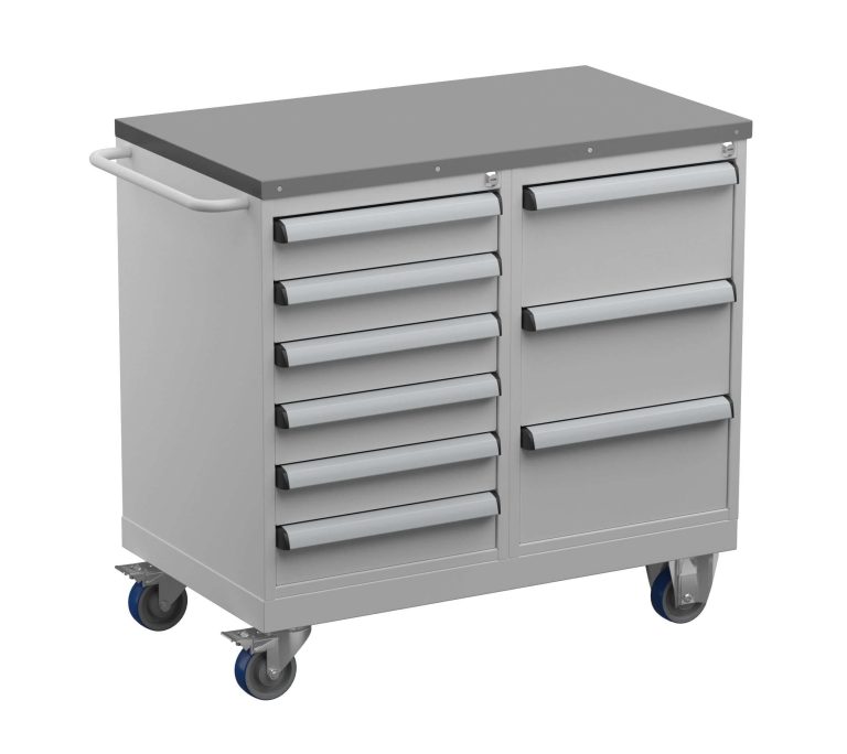 Treston verktygsvagn 4 med 9 låsbara lådor, stålskiva och hjul för verkstad och industri.